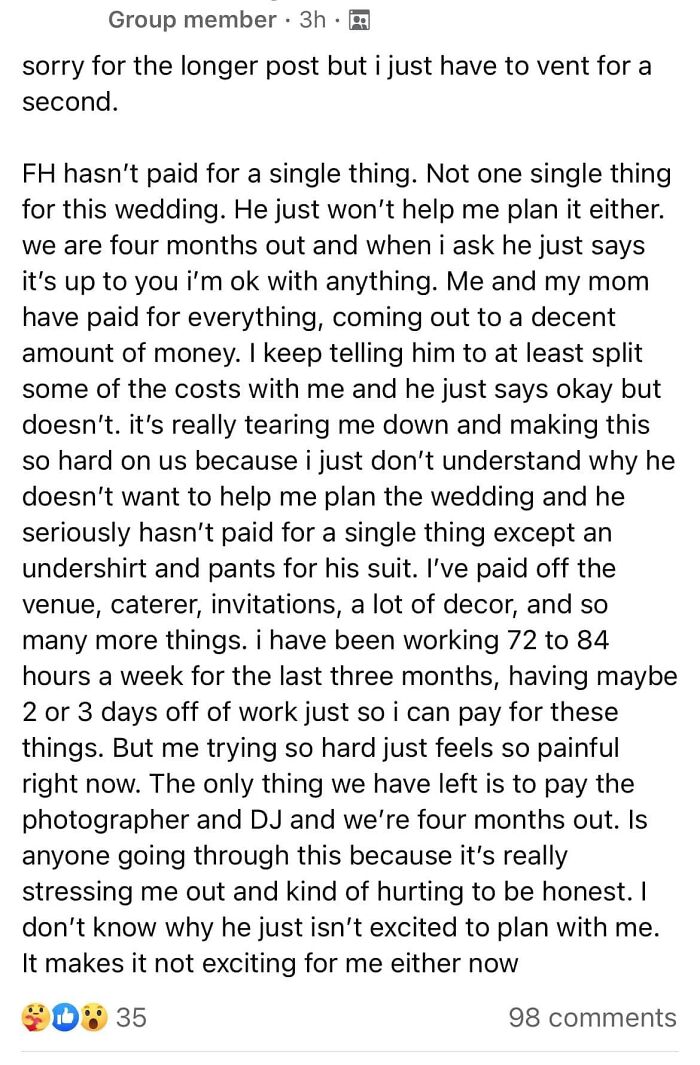 Social media post venting about relationship stress and unequal wedding planning efforts, highlighting exhausting relationship dynamics.