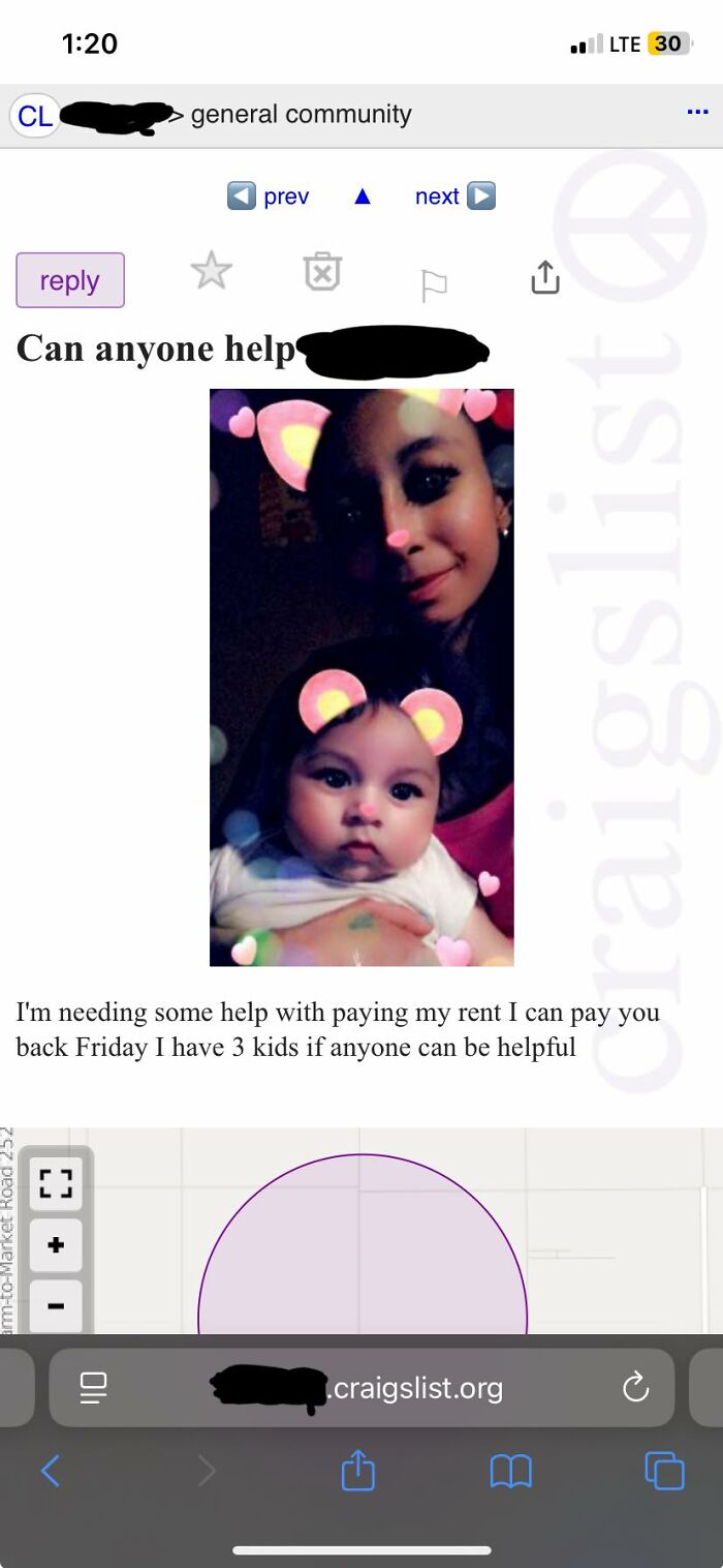 Single mom with three kids posting on a community forum asking for help paying rent, using playful photo filters.