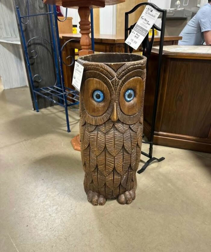 Carved wooden owl sculpture with blue eyes, showcased as a cool secondhand find in a thrift store setting.