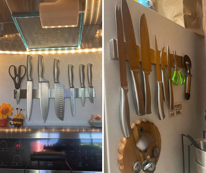 Magnetic kitchen knife holders organizing various knives and scissors to tackle kitchen storage problems efficiently.