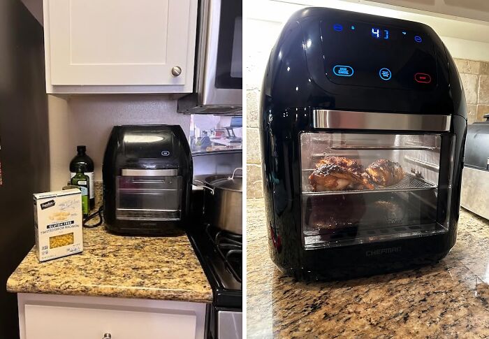 Black air fryer oven on kitchen countertop, showing cooked food inside, demonstrating useful kitchen items for everyday problems.
