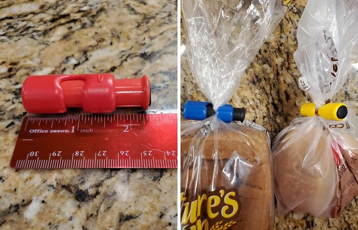 Small plastic bag clips shown with ruler, a low-effort, high-reward life hack for kitchen organization.