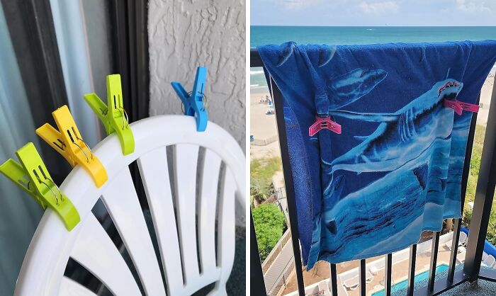 Colorful clips securing a towel on a chair and railing, practical finds designed to make your life easier.