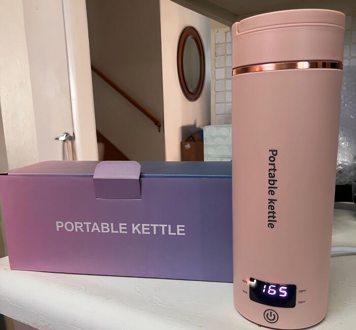 Portable kettle with digital temperature display next to purple box, featured as a Prime Day 2024 best-seller.