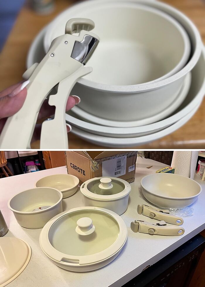Stackable beige ceramic cookware set with detachable handles, a top Prime Day 2024 best-seller to get on your radar this July.