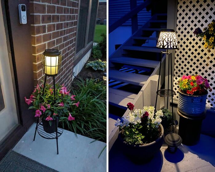 Outdoor solar garden lamps with flower pots illuminated at dusk, perfect Prime Day 2024 best-sellers for home decor.