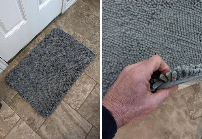 Gray chenille bath mat on tile floor and close-up of hand holding corner showing texture for Prime Day 2024 best-sellers.