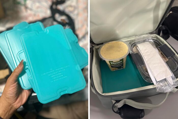 Reusable teal food storage containers shown in hand and packed inside a cooler bag for Prime Day 2024 best-sellers.