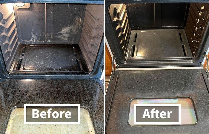 Before and after cleaning of a kitchen oven showcasing best-selling kitchen items that improve home cooking and maintenance.