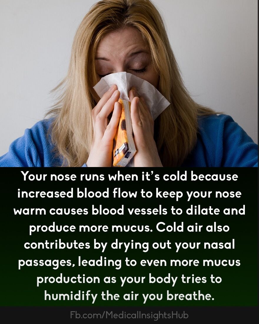 Woman blowing nose with tissue, illustrating curious medical facts about fingers containing no muscles and body responses.