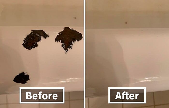 Before and after images showing a low-effort, high-reward fix removing rust spots from a white surface.
