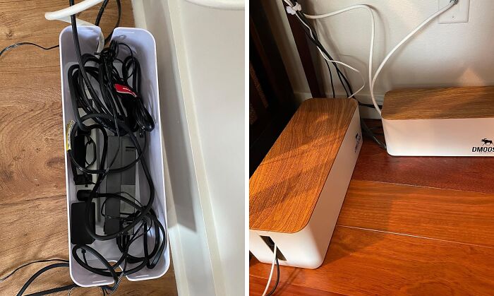 Cable organizer box with wood top keeping cords tidy on a wooden floor, demonstrating low-effort, high-reward life hacks.