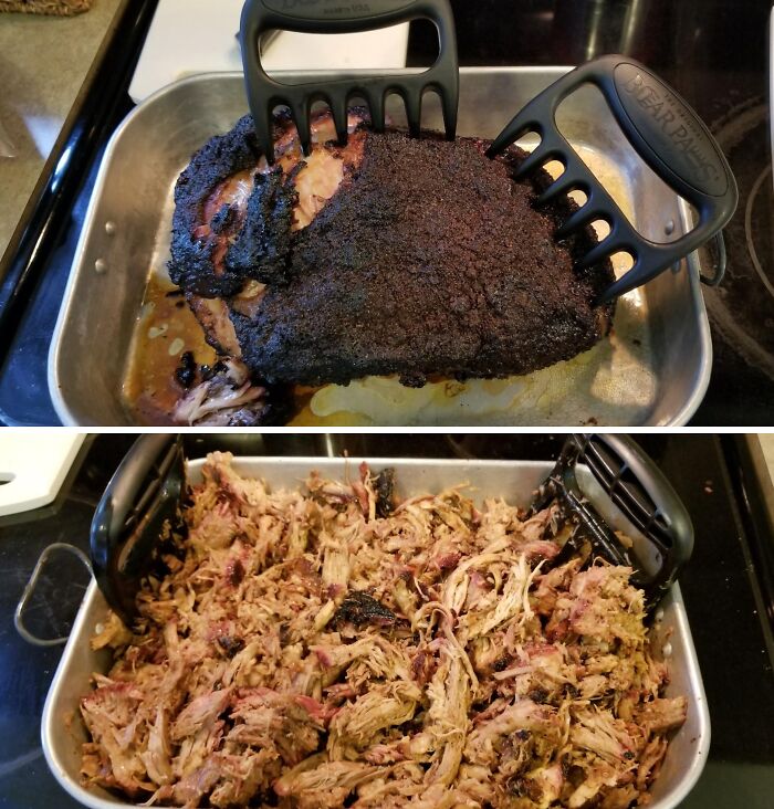 Pulled pork being shredded with bear claws in a baking tray, showing easy low-effort, high-reward kitchen tools.