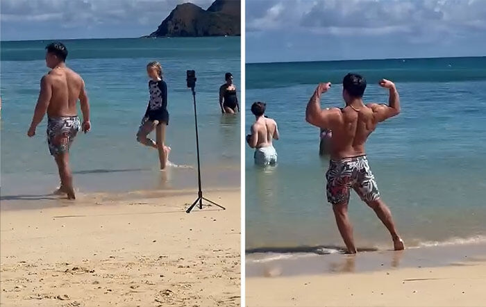Influencers on a beach filming for views, one flexing muscles, capturing unhinged moments for social media content.