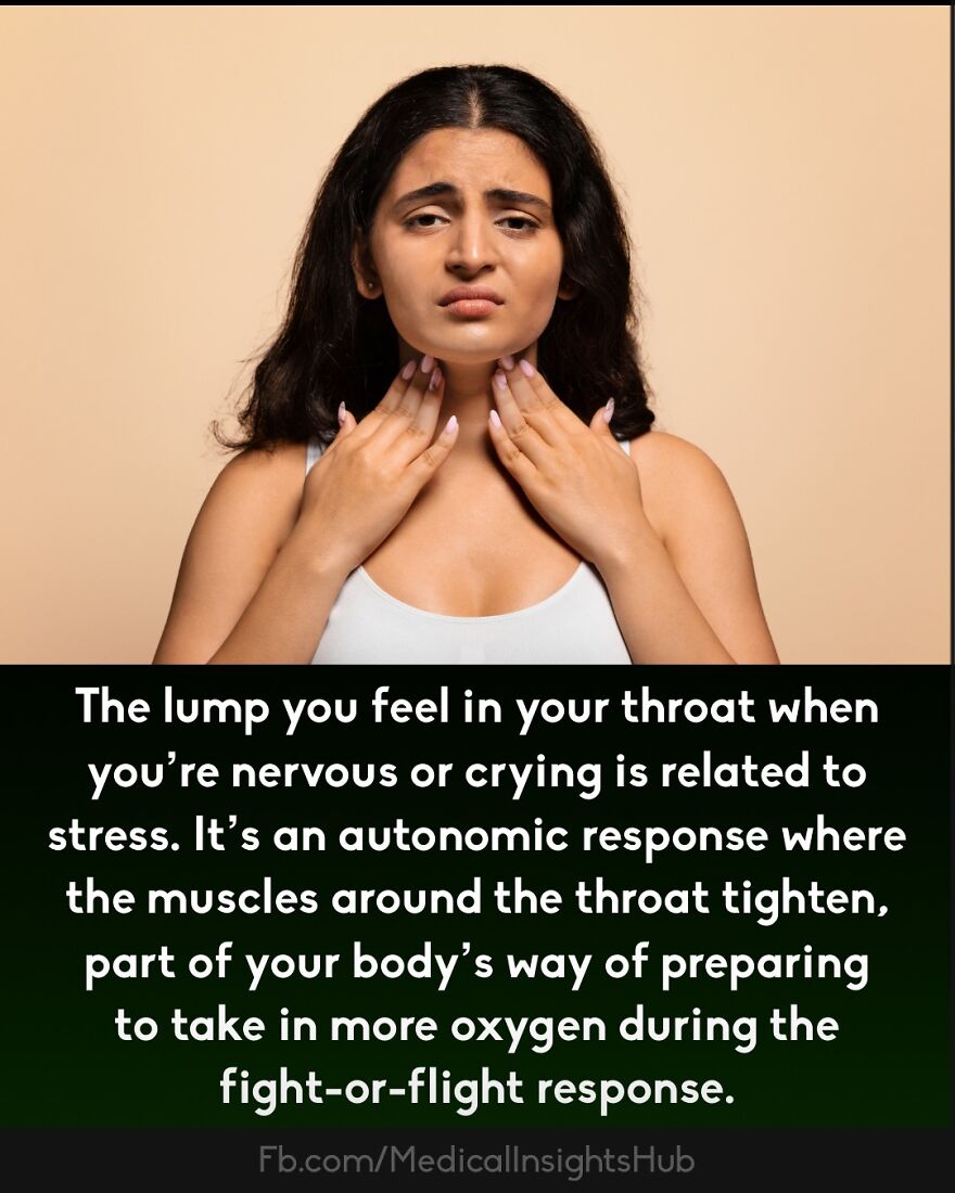 Woman with a concerned expression touching her throat, illustrating muscles and stress effects in a medical context.