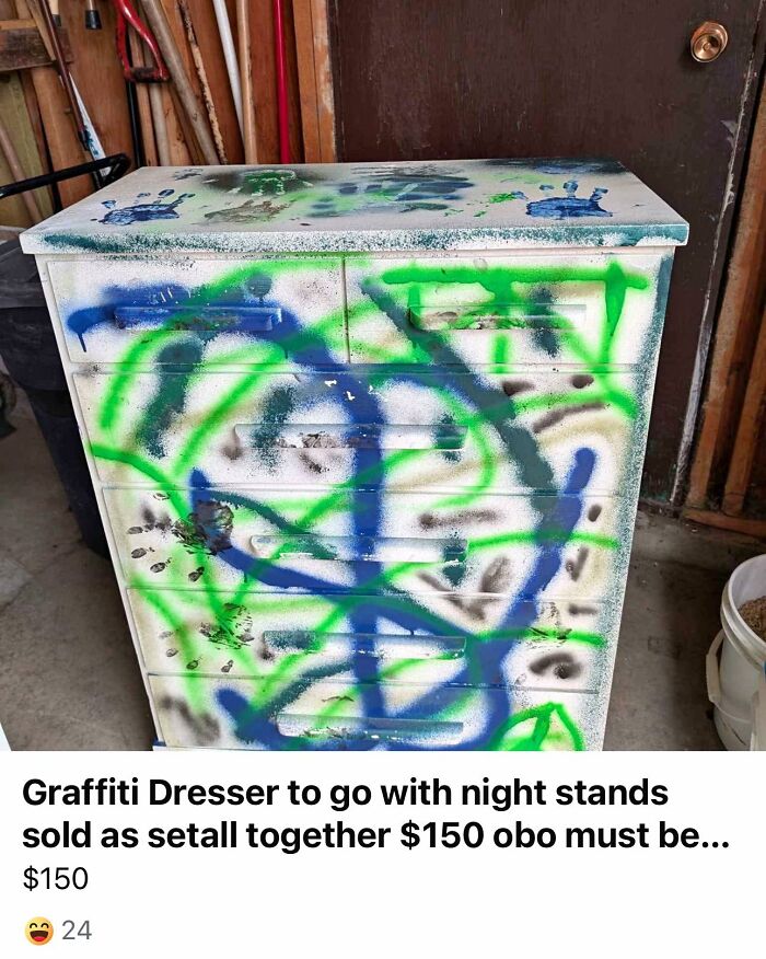 Dresser covered in messy green and blue spray paint with handprints, showcasing a horrendous DIY craft shaming project.