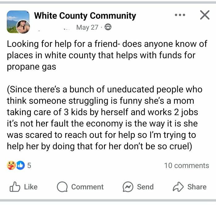 Facebook post asking for help with propane gas funds for a struggling single mom in White County community.