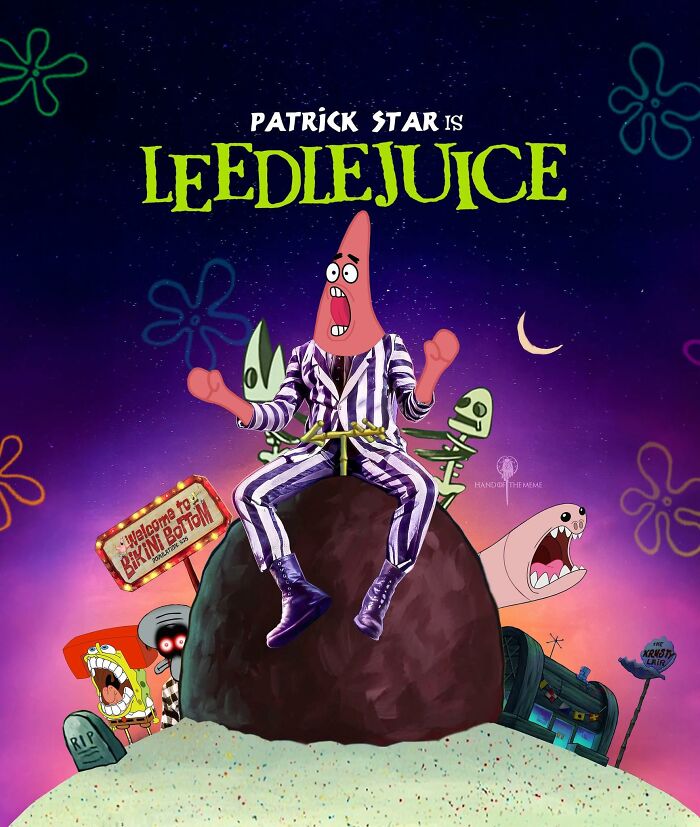 Patrick Star dressed as Beetlejuice in a funny cartoon mashup with SpongeBob characters at Bikini Bottom.