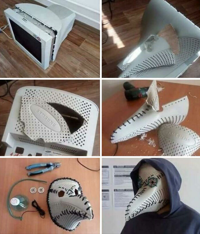 DIY project transforming an old monitor into a detailed plague doctor mask, showcasing creative and unconventional DIY ideas.