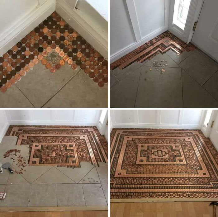 Progression of a DIY project creating an intricate penny floor design in a home entryway using DIY techniques.