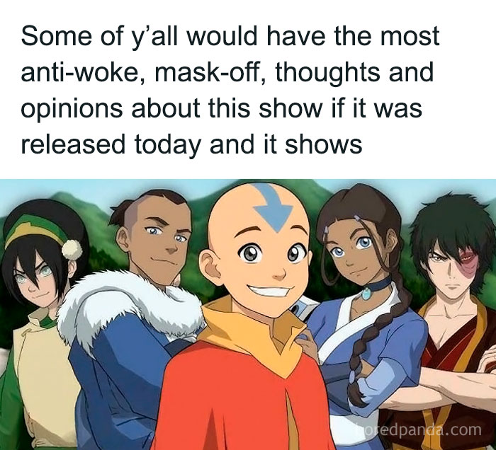 Meme featuring Avatar characters with caption about anti-woke opinions, reflecting random Gen-Z memes humor.