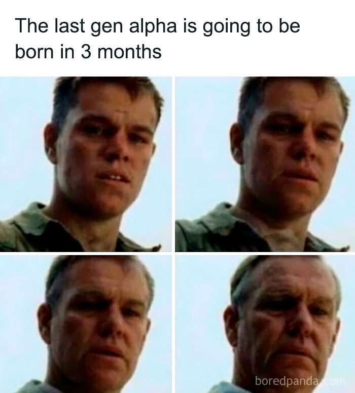 Man's face ages progressively in four panels with text about the last gen alpha born in three months, highlighting Random Gen-Z memes.
