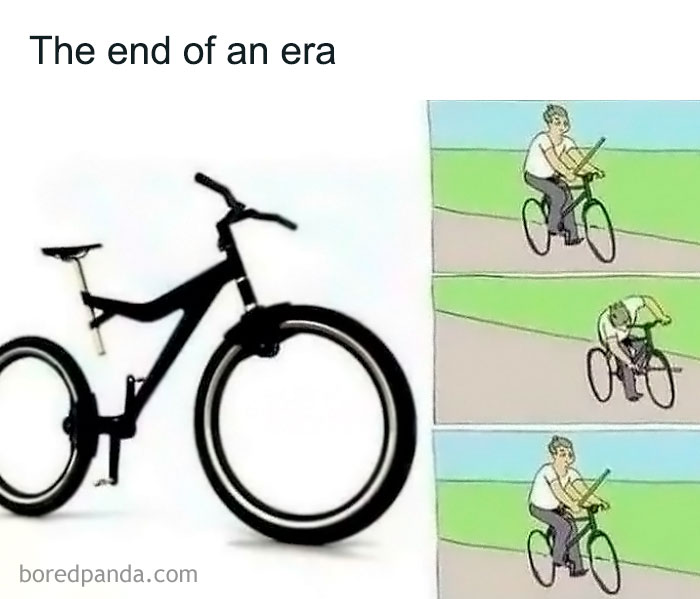 A random Gen-Z memes image shows a bike with square wheels and a person trying to ride it with a frustrated expression.