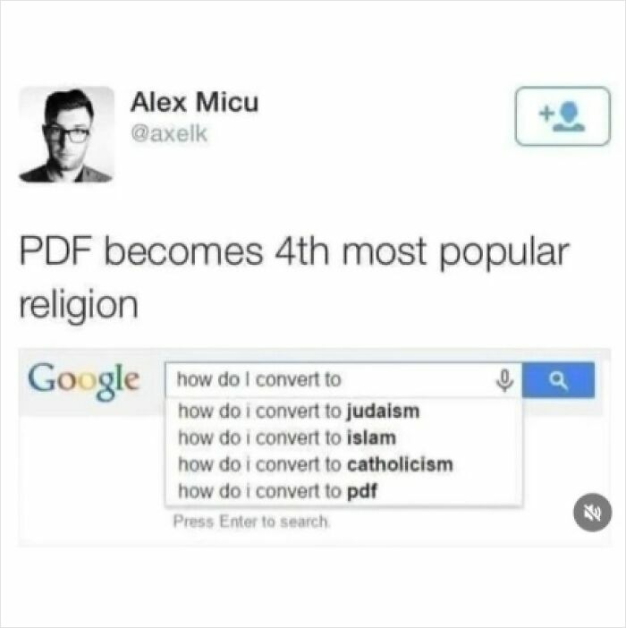 Screenshot of a tweet humorously claiming PDF is the 4th most popular religion with a Google search autocomplete.