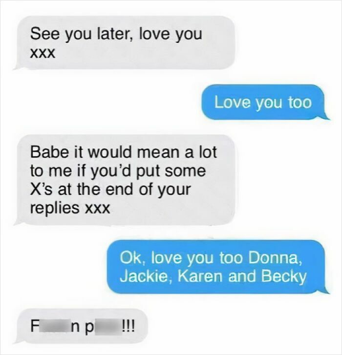 Text message exchange showing sarcastic replies about adding kisses at the end, reflecting fluent sarcasm memes humor.