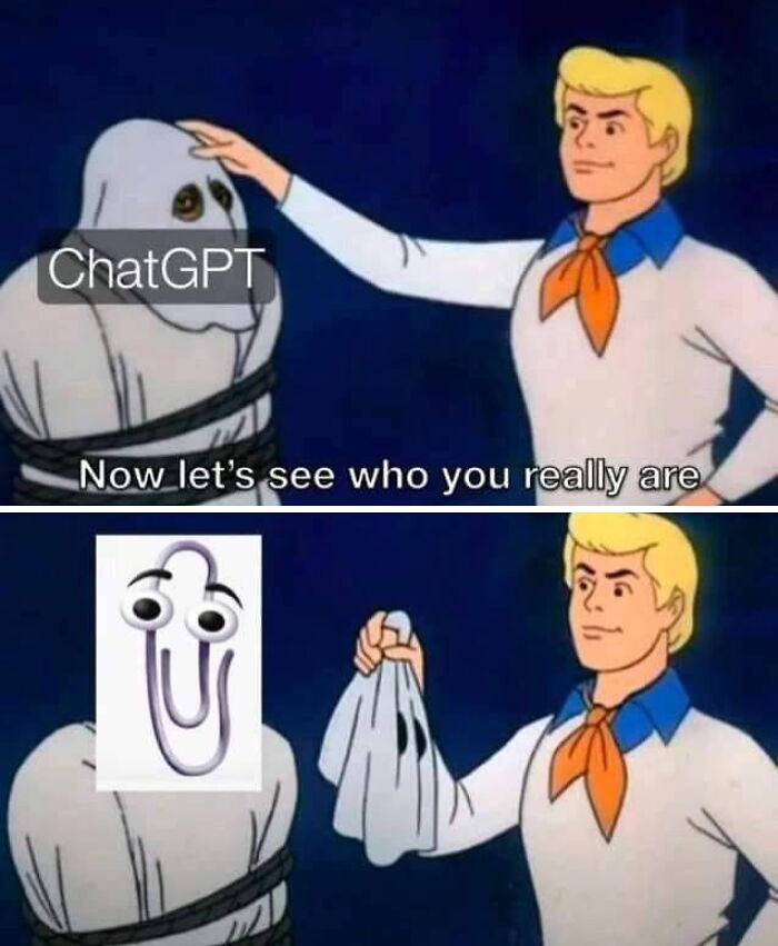 Cartoon character removing a ghost disguise to reveal a sarcastic Clippy meme in a humorous sarcasm meme.