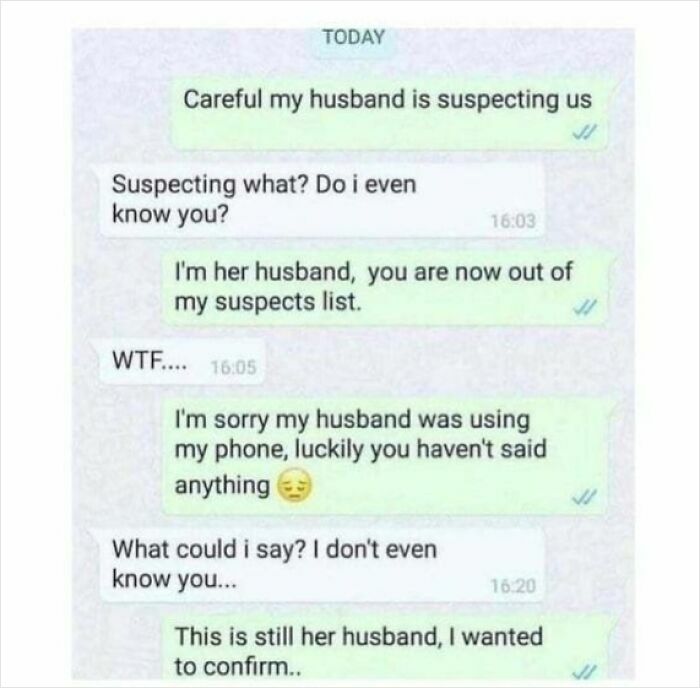 Text message conversation showing sarcastic humor about a husband suspecting a stranger, reflecting fluent sarcasm memes.