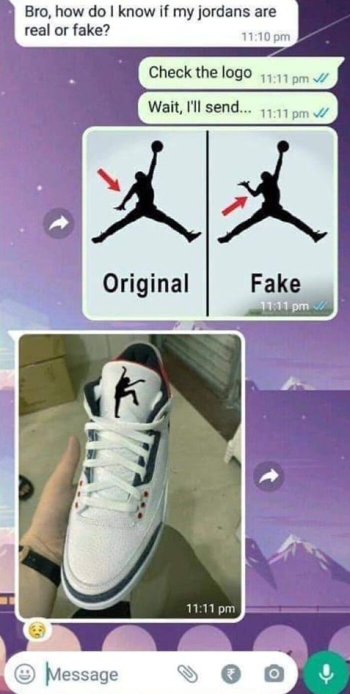 Text meme comparing original vs fake Jordan logo with a photo of a sneaker logo, showing sarcasm humor.