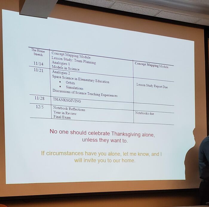 Classroom projector screen showing a teaching schedule with a warm message about Thanksgiving and inclusion from a caring teacher.