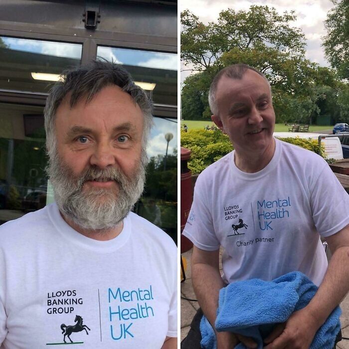Two teachers wearing Mental Health UK shirts, showing care and dedication to their students and profession outdoors.