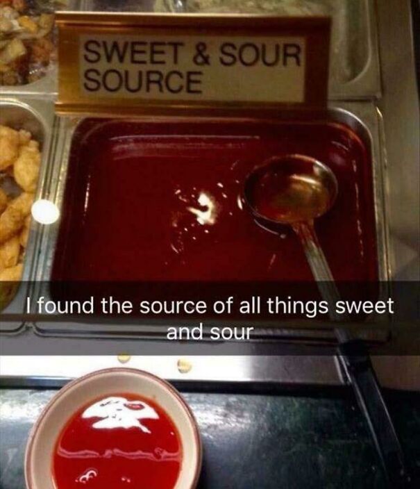 Funny English translation fail showing a sweet and sour sauce mistakenly labeled as sweet and sour source.