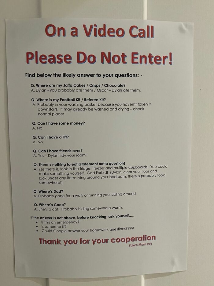 Humorous work-from-home sign listing funny answers to common family questions during video calls.