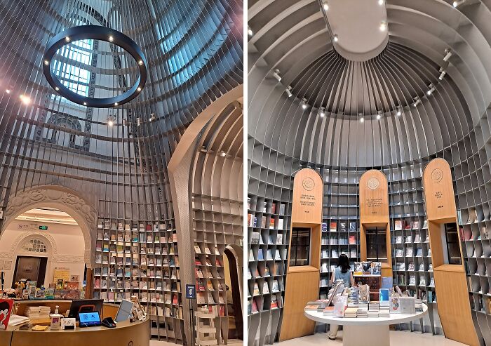 Interior view of a grandiose and magical library with curved shelves and modern circular lighting features.