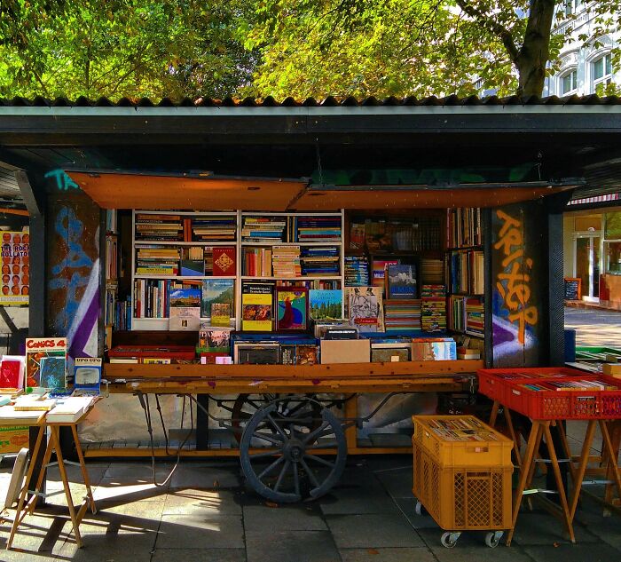 Outdoor bookstore stall with colorful books and art prints displayed under a leafy tree, showcasing stunning bookstores.