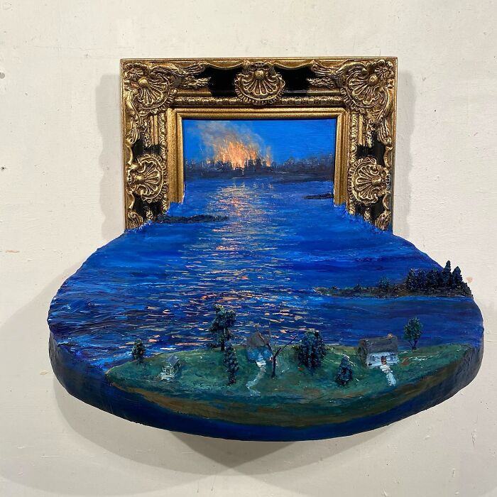 Three-dimensional painting sculpture of a nature scene with water and small houses by a Brooklyn artist.