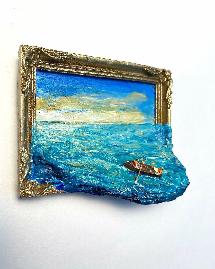 Three-dimensional nature scenes blending painting and sculpture with a small boat on textured ocean waves by a Brooklyn artist.