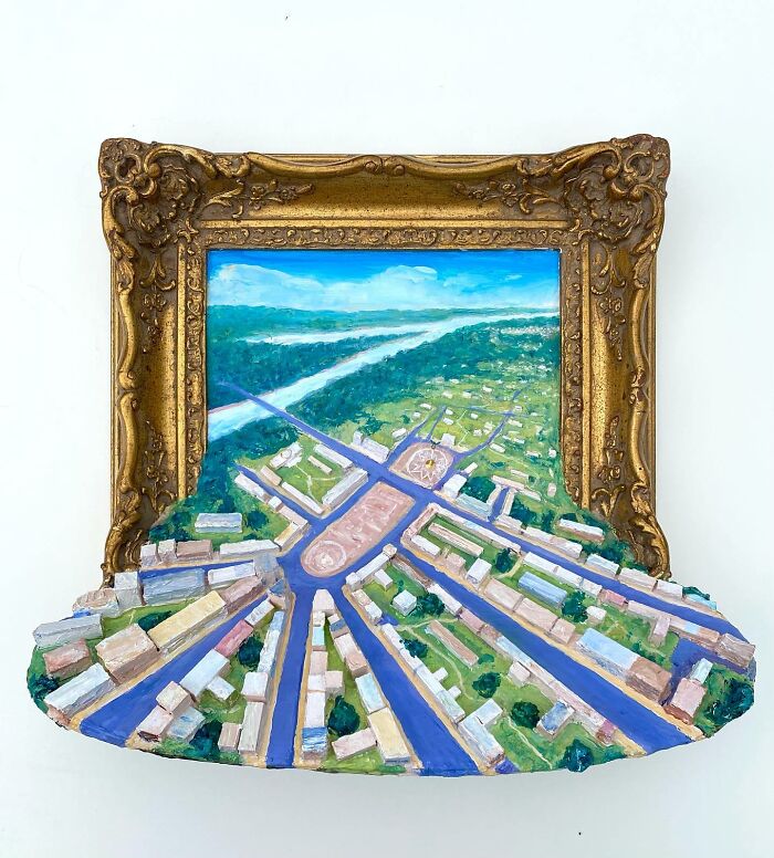 Three-dimensional nature scenes created with painting and sculpture by a Brooklyn artist in a vintage gold frame.