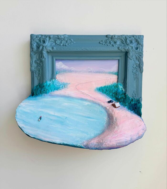 Three-dimensional painting sculpture of a serene nature scene with path, water, and greenery by a Brooklyn artist.