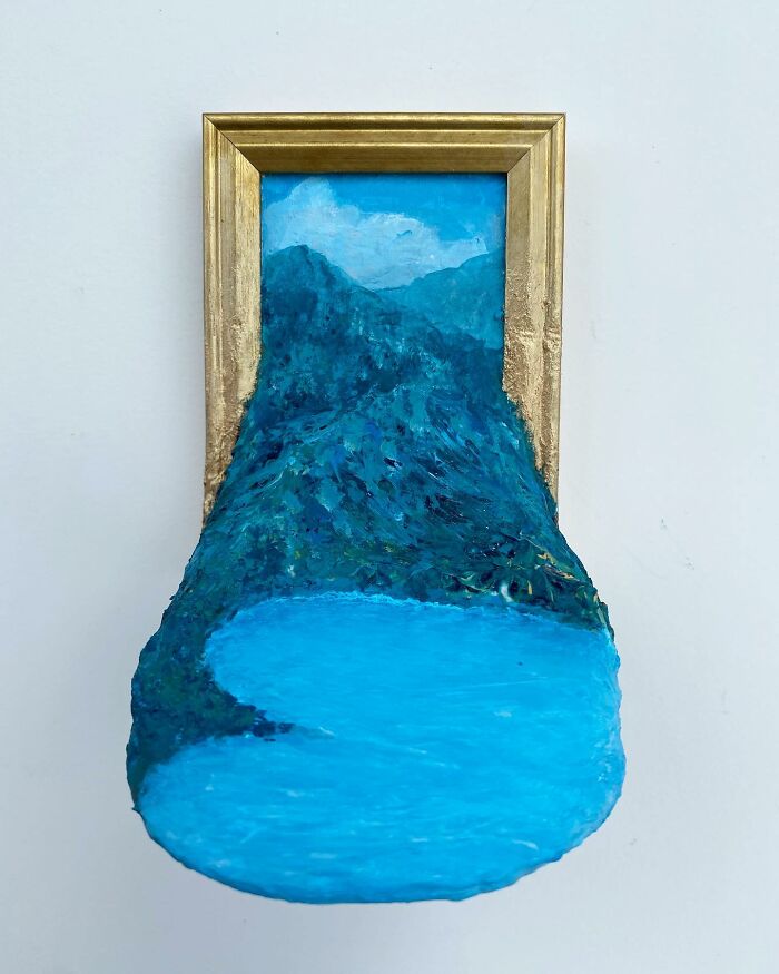 Three-dimensional nature scene flowing out of a framed painting, blending painting and sculpture by a Brooklyn artist.