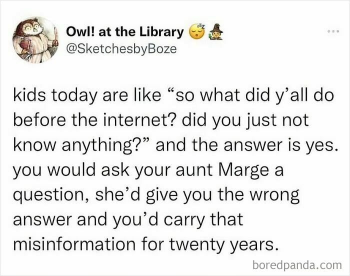 Tweet about kids questioning life before the internet, humorously highlighting human experience and common misinformation.
