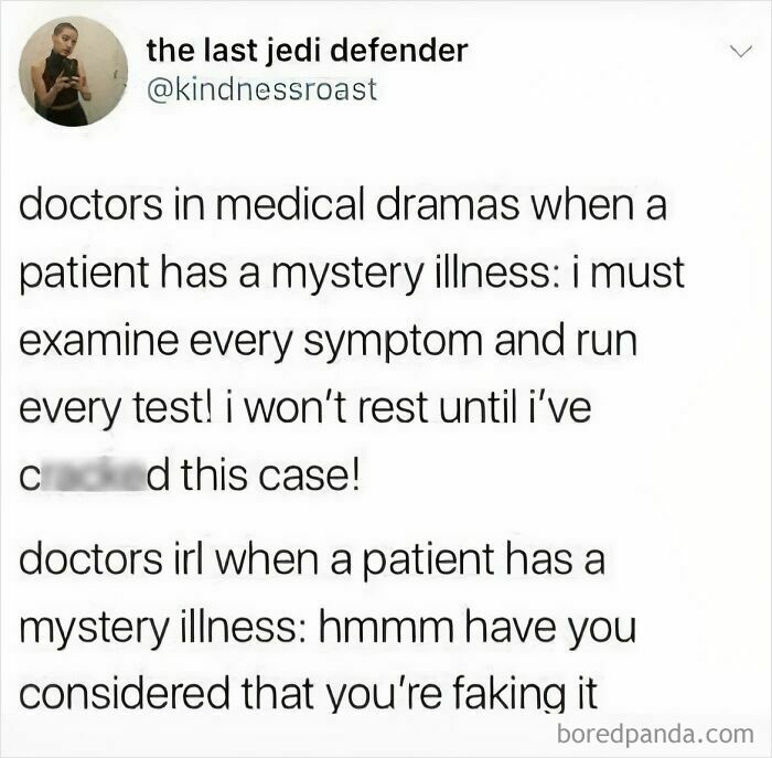 Meme comparing doctors in medical dramas and real life, highlighting a humorous take on mystery illness diagnosis.