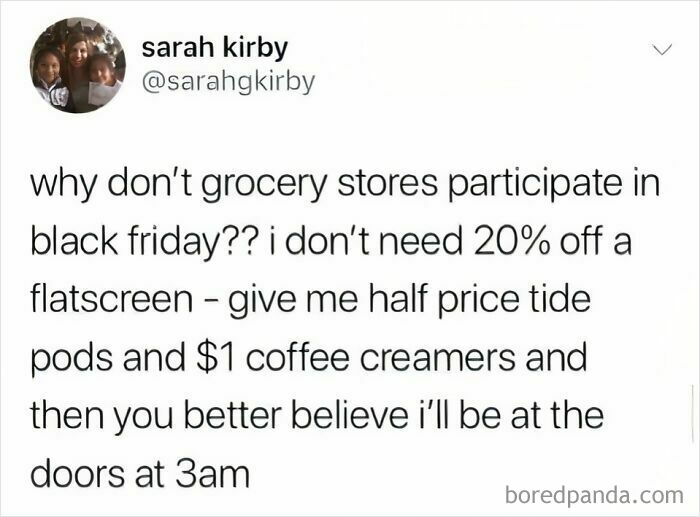 Screenshot of a meme humorously discussing grocery store Black Friday deals, highlighting the human experience in everyday shopping.