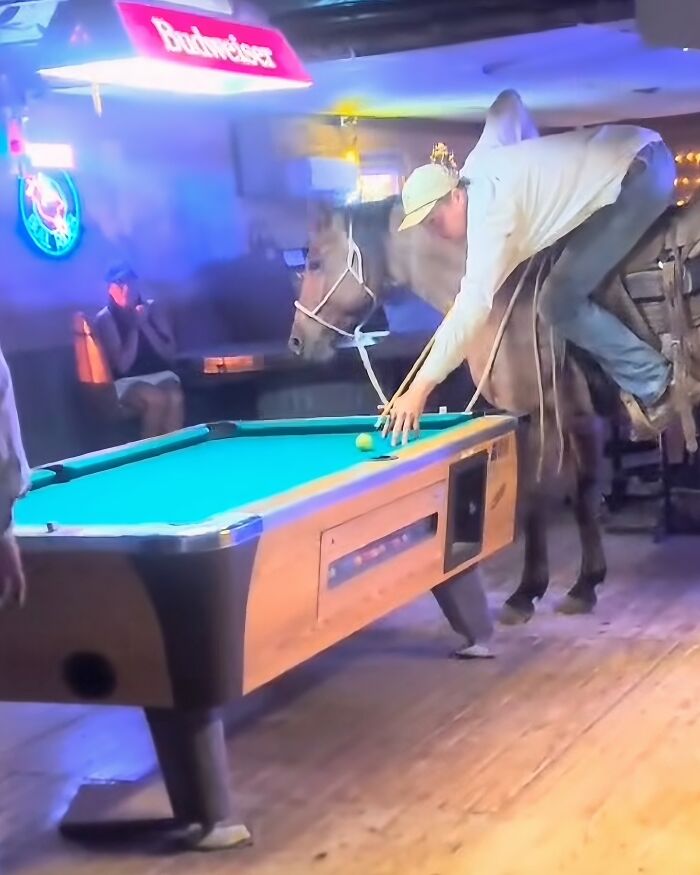 Hombre montado en caballo juega billar dentro de bar oscuro, imagen maldita y extraña capturada en fotografía.