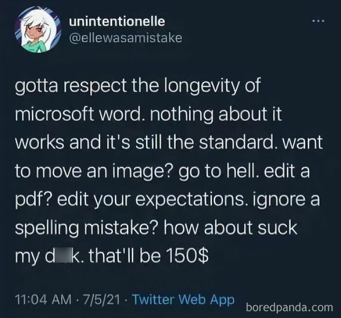 Tweet humorously criticizing the flaws of Microsoft Word, reflecting relatable human experience in digital frustration.