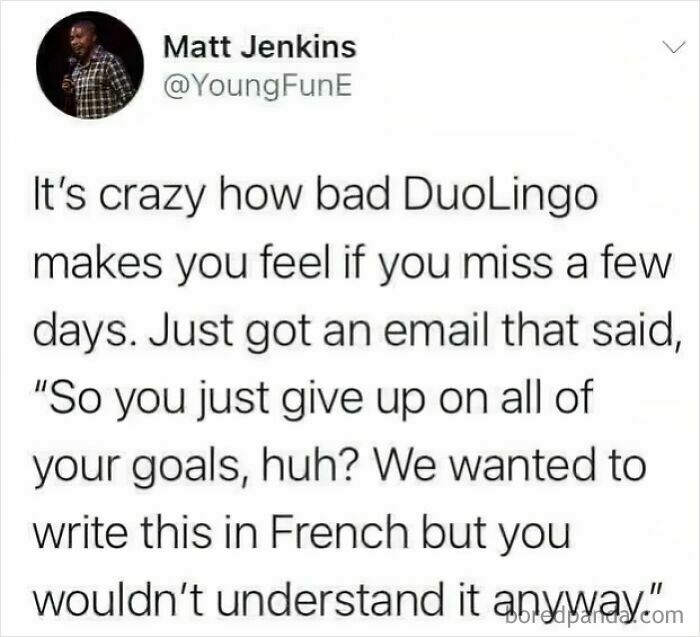 Tweet about feeling bad for missing Duolingo goals, reflecting on human experience memes about motivation and habit struggles.