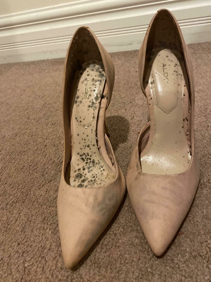 Worn and mold-damaged beige high heels left on carpet, showing severe damage from people borrowing shoes.